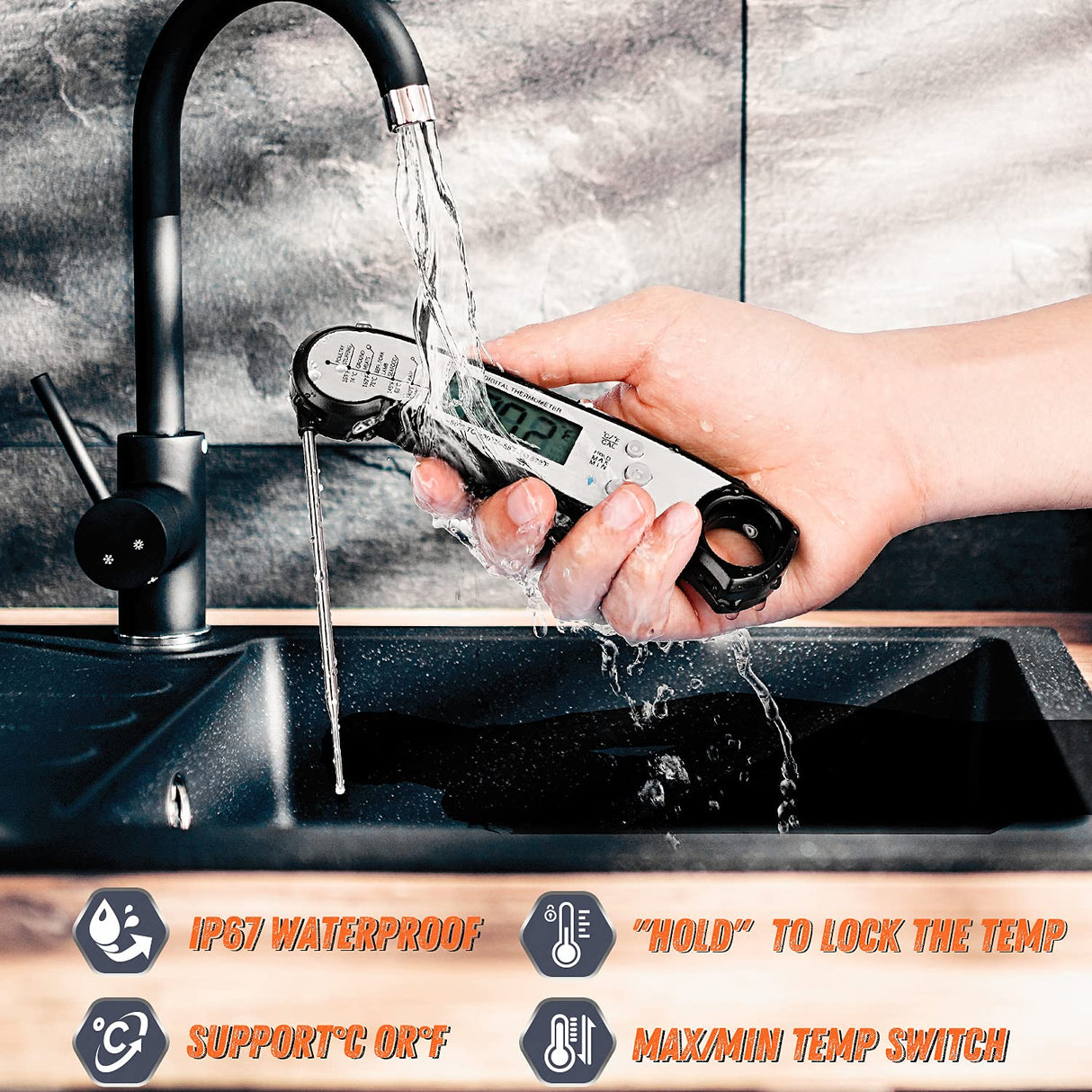 Digital Meat Thermometer, Waterproof Instant Read Food Thermometer for Cooking and Grilling, Kitchen Gadgets, Accessories with Backlight & Calibration for Candy, BBQ Grill, Liquids, Beef, Turkey… ImSaferell