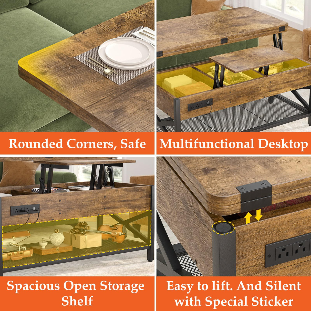 Aheaplus Coffee Table Lift Top with LED Light and Power Outlet, Multi-Function Coffee Table Converts to Dining Table, Center Table with Shelves for Living Room Reception Home Office, Rustic Brown Aheaplus