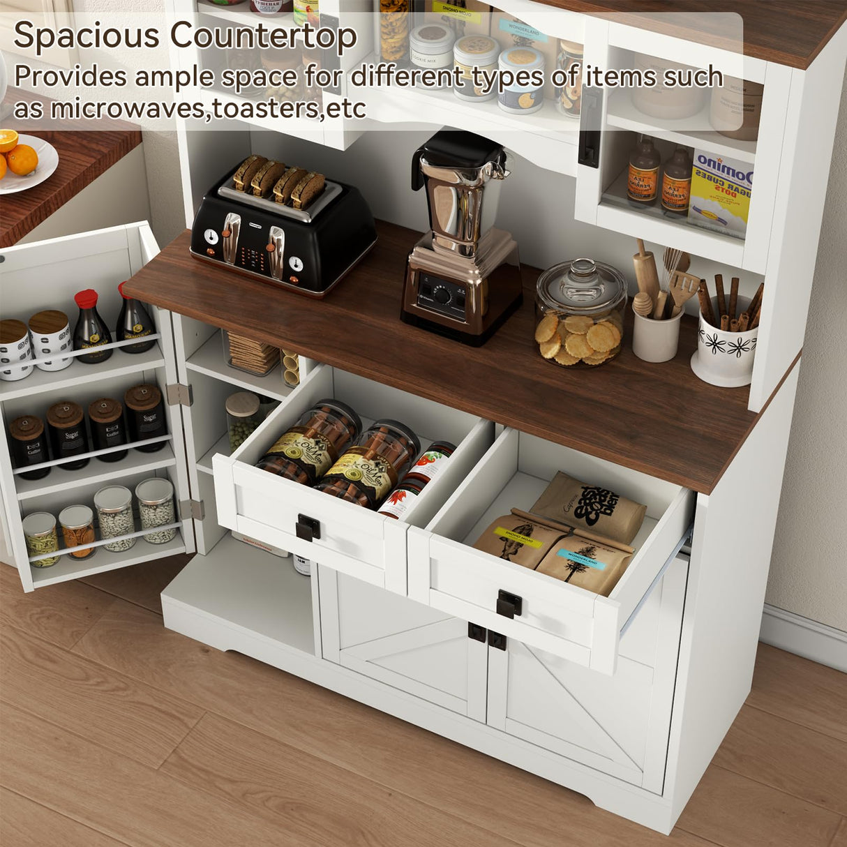 60" Tall Farmhouse Kitchen Pantry Storage Cabinet,Kitchen Hutch with Microwave Stand,Freestanding Buffet Pantry Cabinet with Glass Door and Adjustable Shelves for Dining Room (White) Gyfimoie