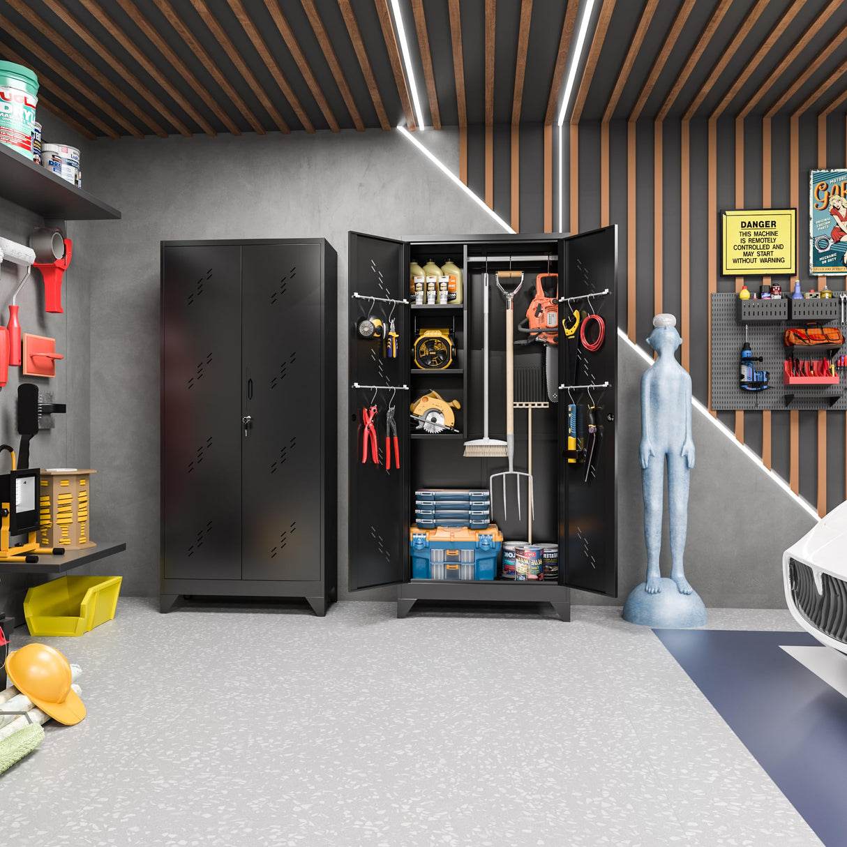 RpAosd 75" Broom Closet, Metal Storage Cabinet, Garage Cabinets with Doors and Shelves, Locking Cabinet for Garage, Laundry, and Warehouse, Garden Shed with Hanging Rod (75" H Black Cabinet) RpAosd