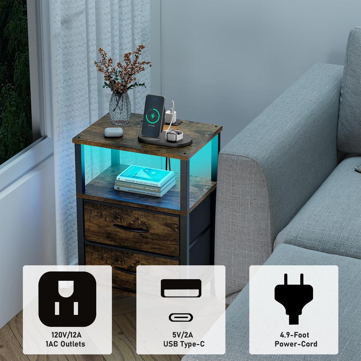 TUTOTAK LED End Table with Charging Station, Nightstand with Cloth Drawer, Side Table with Outlets, Set of 2, Couch Table, Brown TB01BB068 TUTOTAK