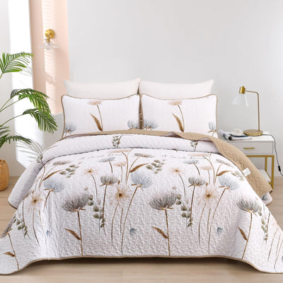Dinjoy Floral Quilt Set Queen,Beige/Khaki Bedspread Queen Size 3 Pieces Lightweight Fall Quilts Microfiber Farmhouse Bedding Set Soft Flower Bedspreads White Coverlet Sets for All Seasons