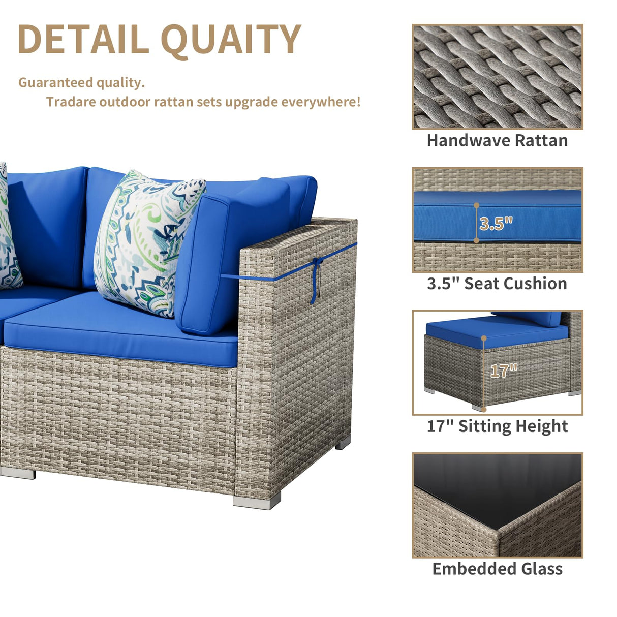 Tradare 7 Piece Patio Furniture Set, Outdoor Wicker Patio Sofa Set, PE Rattan Sectional Couch with Glass Table and Blue Cushions, All-Weather 7 Piece Outdoor Patio Furniture Sets, Grey Tradare