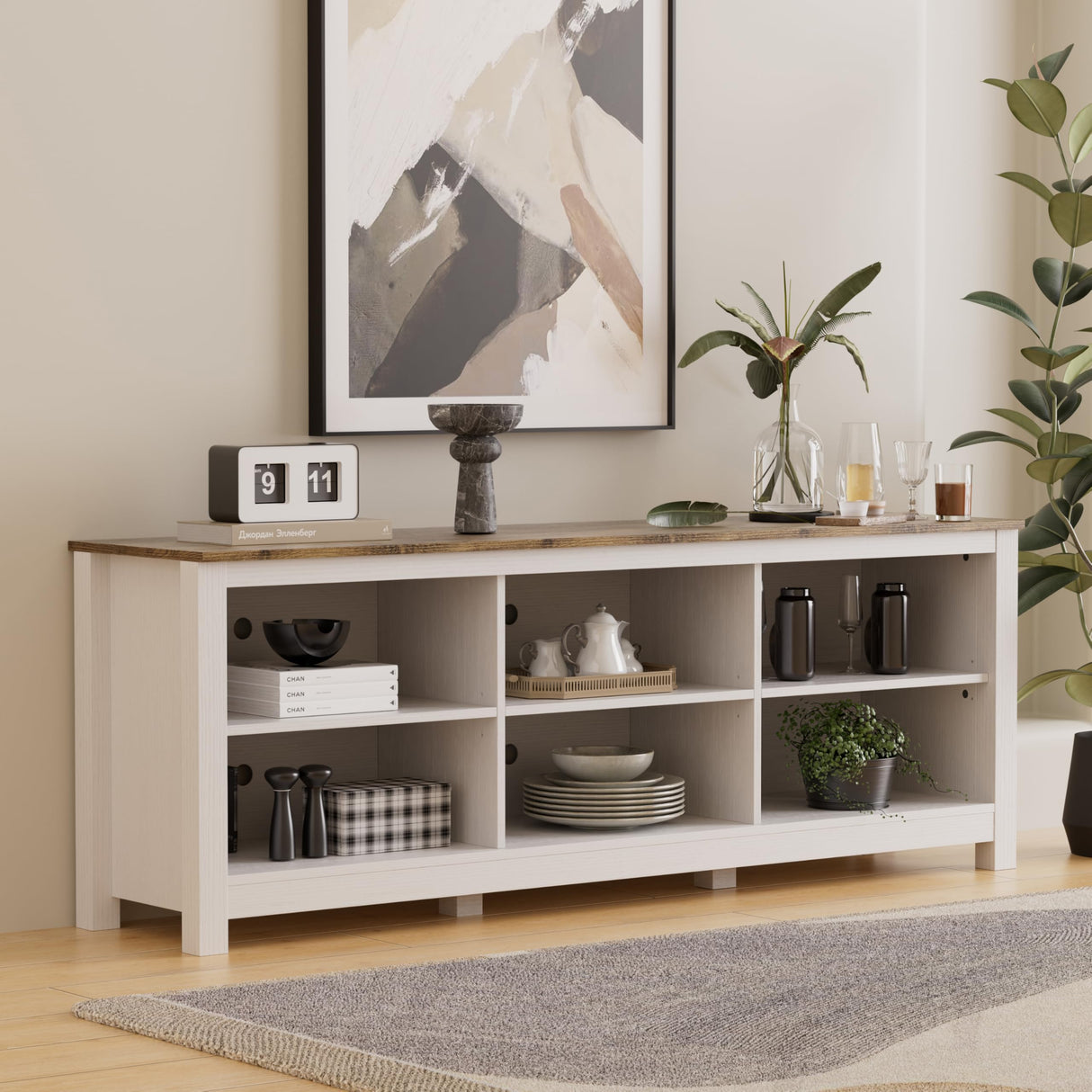 BVIUNTWO White TV Stand for TVs up to 75 Inch,Entertainment Center for 65+ inch TV Console Table with 6 Storage Cubby, Classic Television Stands for Living Room Bedroom, 70 Inch BVIUNTWO