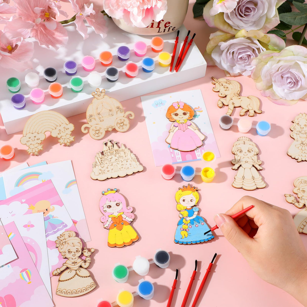 24Pcs Princess Party Favors Birthday Supplies Decorations-Cards with Art Crafts Castle Fairies DIY Wooden Painting Craft Kits Thank You for Coming Gifts Bulk Goodie Bags Stuffers Prizes for Kids Girls Yiaoyinnz