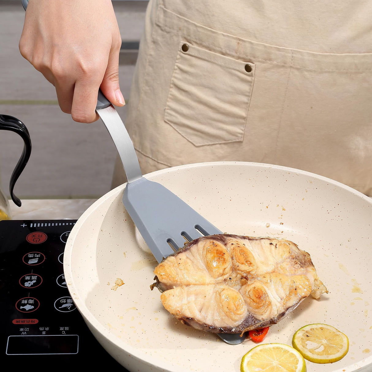 To encounter 5 Pieces Silicone Spatula Set, Non-Stick Silicone Turner Spatulas, Heat Resistance Cooking Utensils, Flip Turner for Fish, Egg, Pancake, Light Grey To encounter