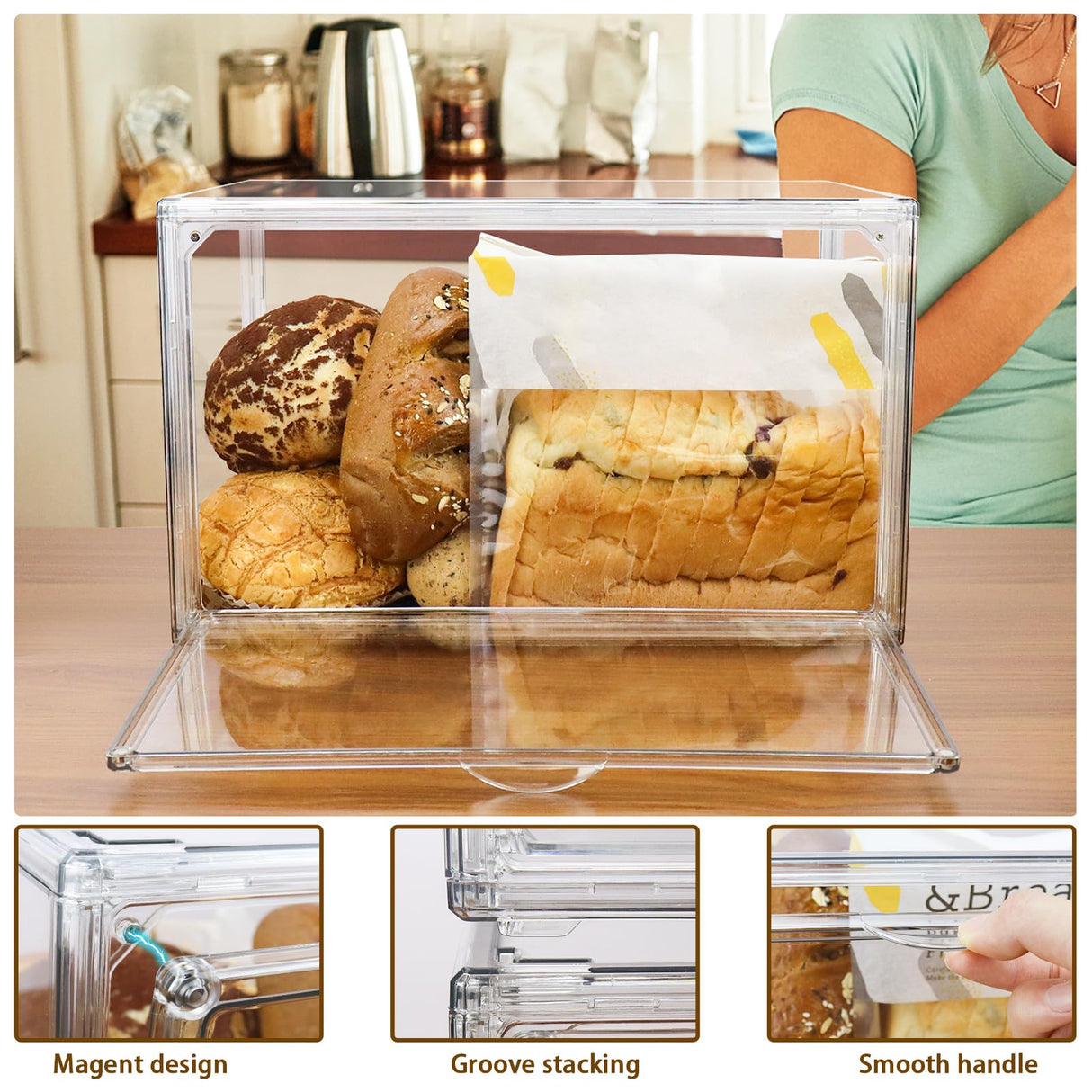 RISICULIS 2PCS Large Bread Box for Countertop, Stackable Double Layer Storage Container, Clear Boxes for Kitchen Counter, Bread Keeper for Homemade Bread, Bagel, Muffins, Rolls RISICULIS