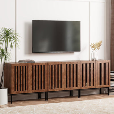 BVIUNTWO Farmhouse TV Stand for TVs up to 95 inch, 3 in 1 Entertainment Center TV Console with Storage Cabinets and Metal Base,Media Console for Living Room, Brown