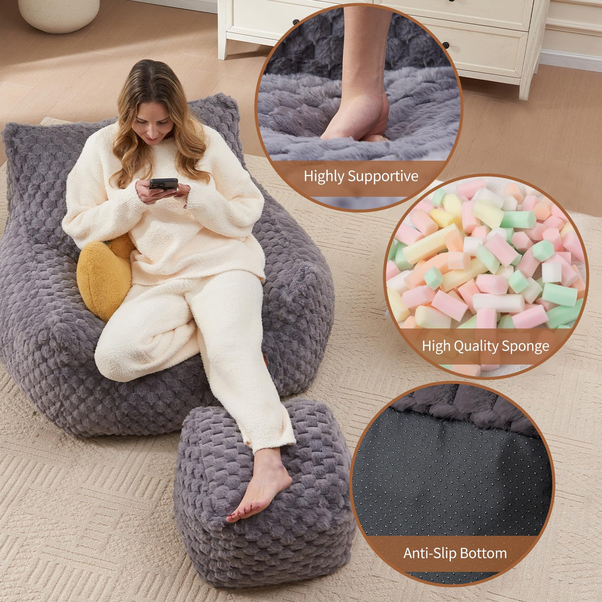 WSOFRLAC Gaming Chair Comfy Bean Bag Couch Sofa Chair for Bedroom, Modern Faux Fur Reading Bean Bag Chairs for Adults Teens, Living Room Adult Bean Bag Chair with Footrest WSOFRLAC