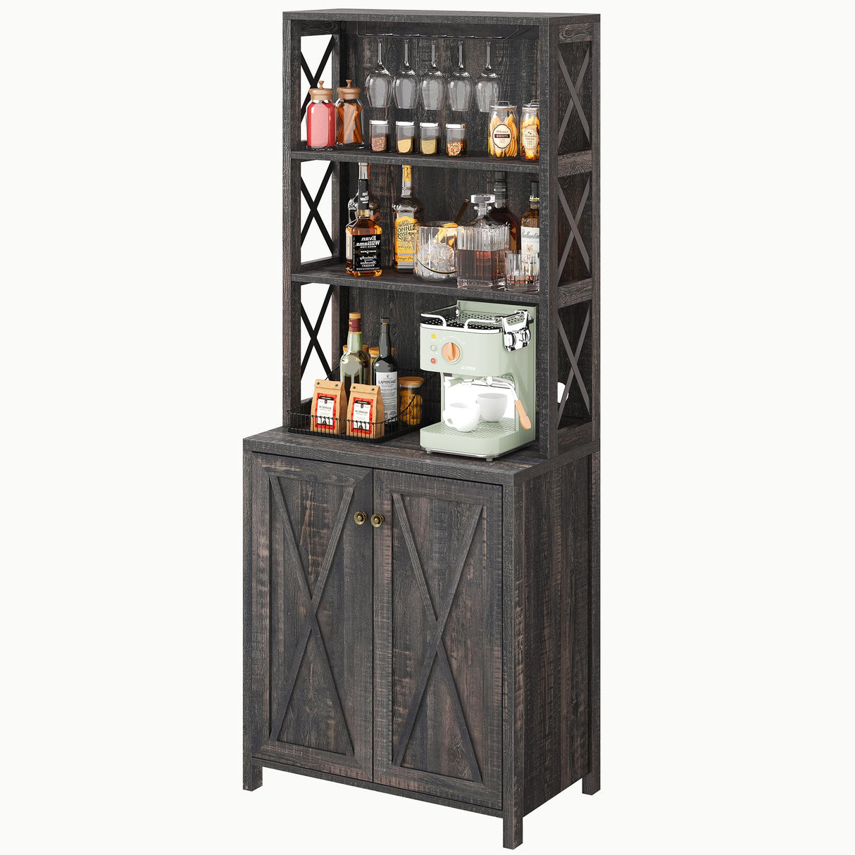 DWVO 67" Tall Wine Bar Cabinet for Liquor and Glasses, Farmhouse Kitchen Cabinet Coffee Bar with Adjustable Shelves, Open Storage Shelves, Buffet Kitchen Cabinet for Dinning Room, Kitchen, Rustic Oak DWVO