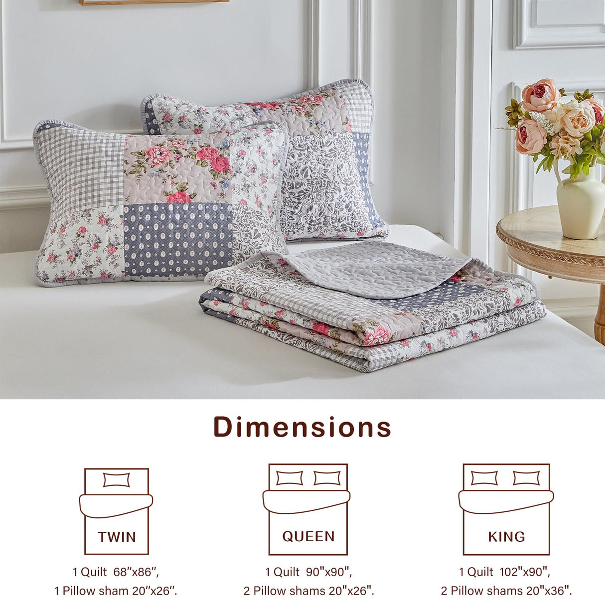 Joyreap Floral Cotton Quilt Set, Neutral Flowers Grid Patchwork Design, 3 Pieces Queen Size Quilt Bedding Set, Farmhouse Countryside Bedspread Bed Cover for All Season- 90x90 inches Joyreap