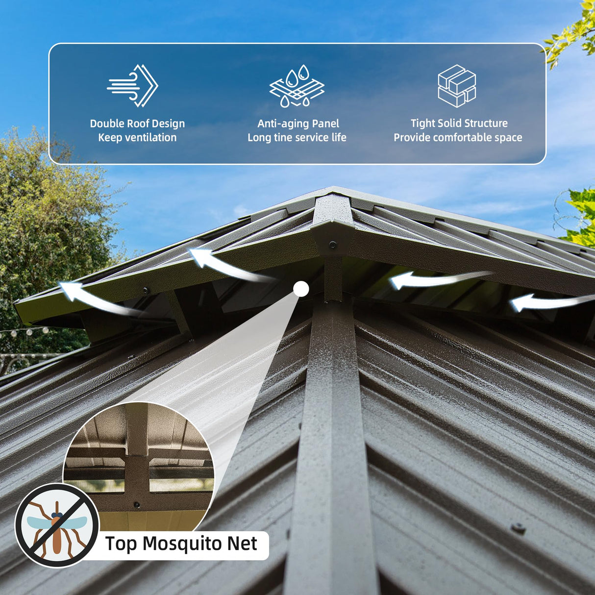 Domi Outdoor Living 14’x20’ Hardtop Gazebo, Wooden Coated Aluminum Frame Canopy with Galvanized Steel Double Roof, Outdoor Permanent Metal Pavilion with Curtains and Netting for Patio, Deck and Lawn domi outdoor living