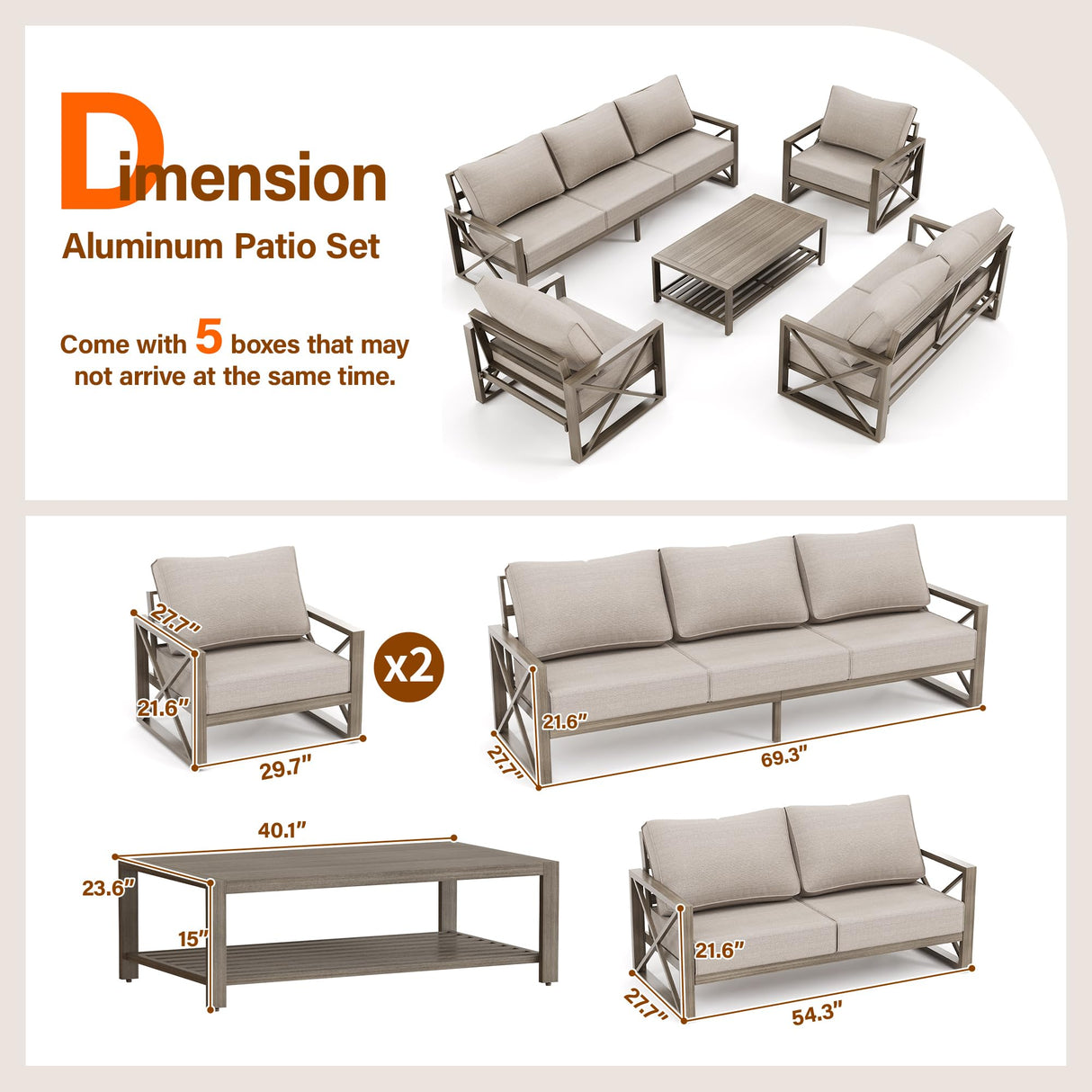 UDPATIO Faux Wood Grain Aluminum Patio Furniture Set 5 Pieces Modern Outdoor Furniture Patio Conversation Sets with Olefin Fabric Thick Cushions and Coffee Table, Include 600D Waterproof Cover UDPATIO