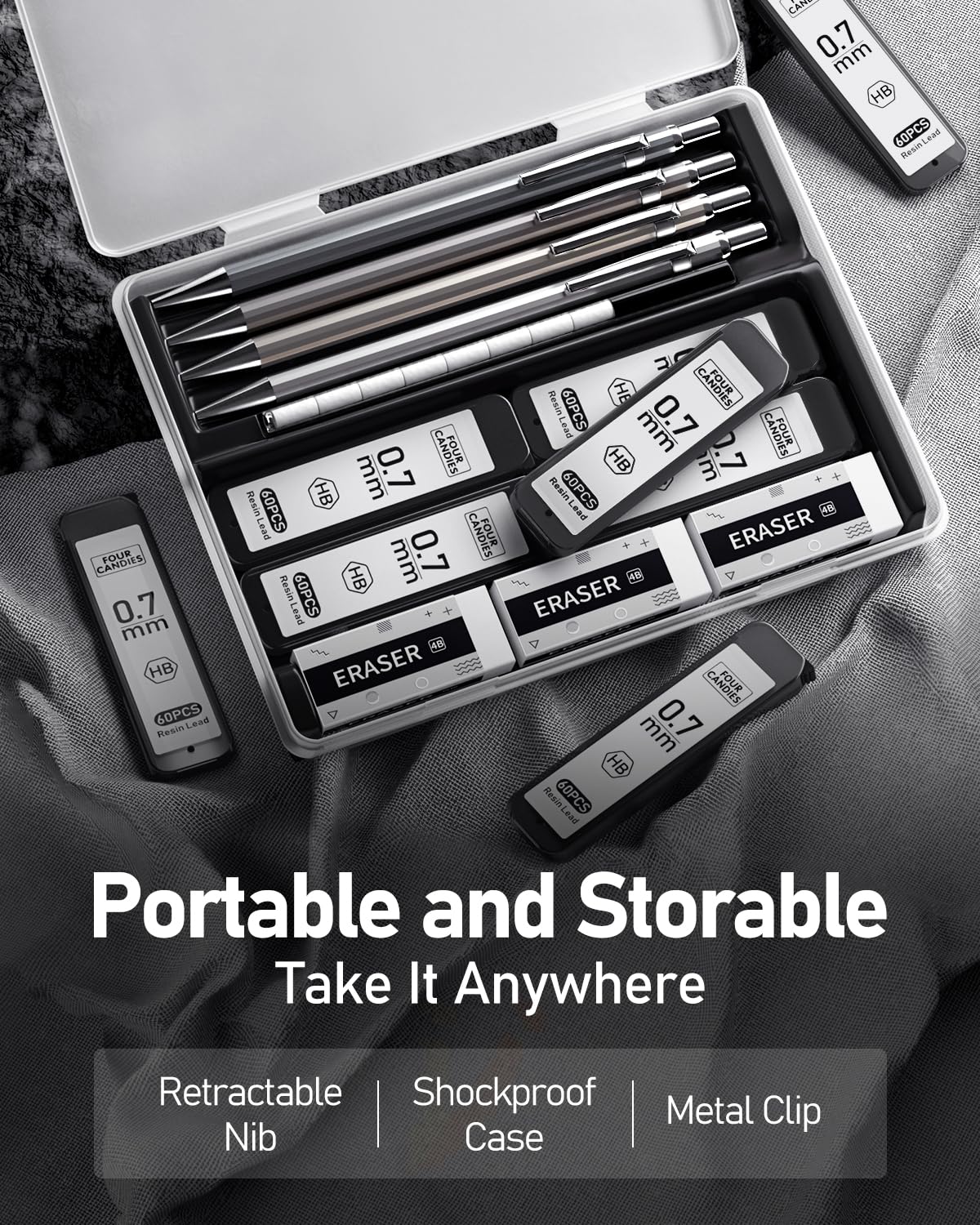 Four Candies 0.7mm Mechanical Pencil Set with Case - 4PCS Metal Mechanical Pencils, 8 Tubes HB #2 Lead Refills, 3PCS 4B Erasers and 9PCS Eraser Refills, Lead Mechanical Pencils for Writing & Drawing Four Candies