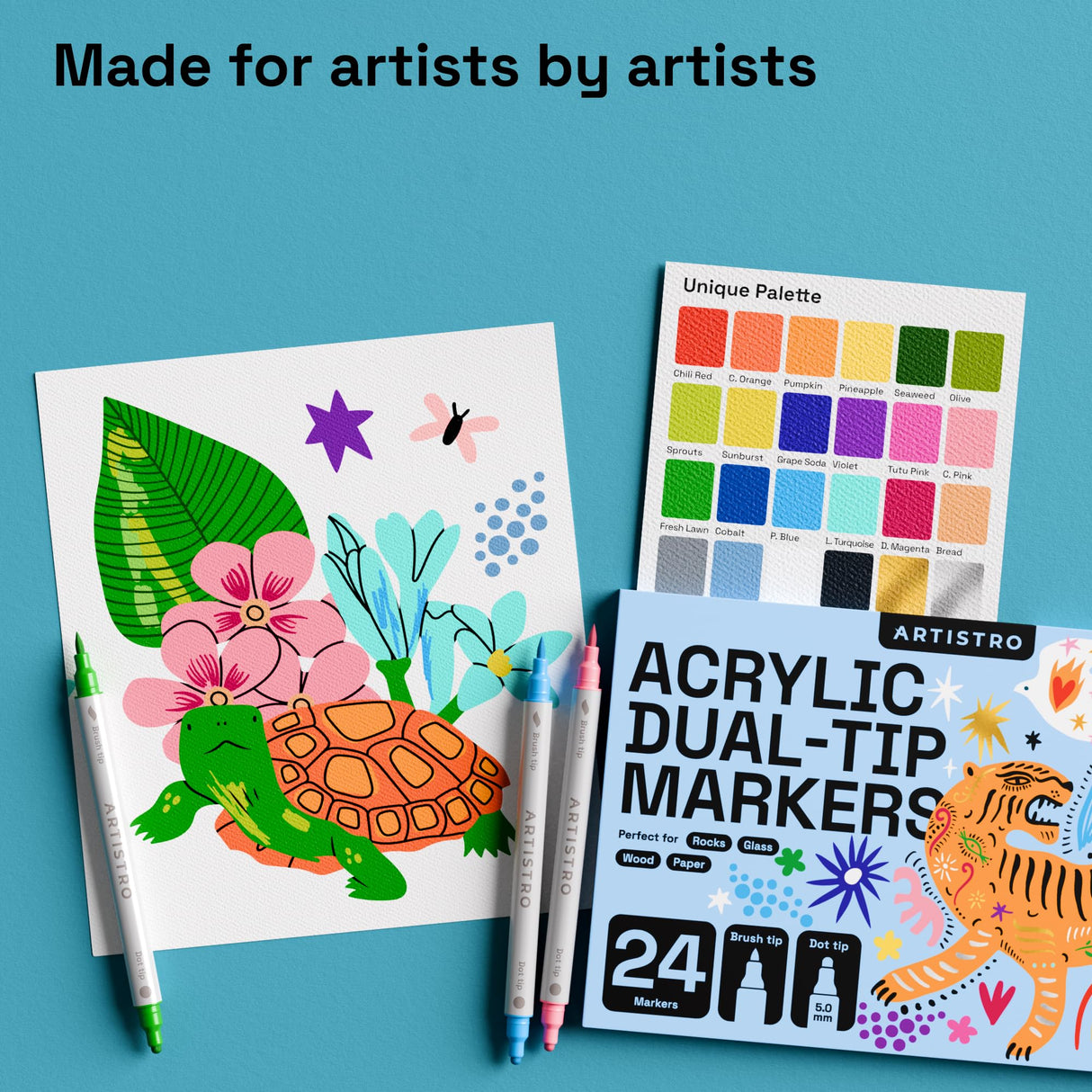 ARTISTRO Acrylic Paint Pens, Acrylic Paint Markers Dual Tip Markers, Acrylic Markers for Fabric, Canvas, Rock, Glass, Wood, Paper, DIY, Paint Markers (Dual Tip Dot + Brush, 24) ARTISTRO