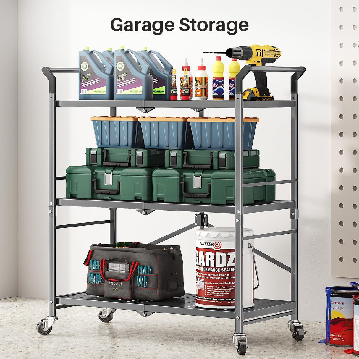 Rolling Utility Cart Folding Cart with Wheels - 3 Tier Collapsible Metal Cart, Large Capacity SNTD