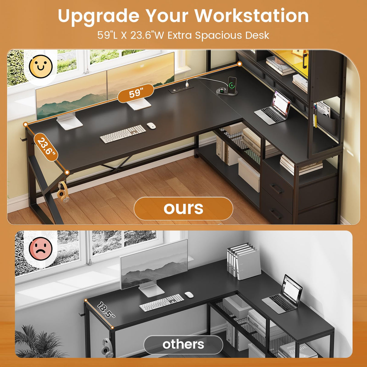 SEDETA L Shaped Gaming Desk, Home Office Computer Desk with 2 Drawer and Bookshelf, L Shaped Gaming Desk with LED Light, Glass Cabinet and Storage Bag, Corner Desk with Storage Shelves, Black SEDETA