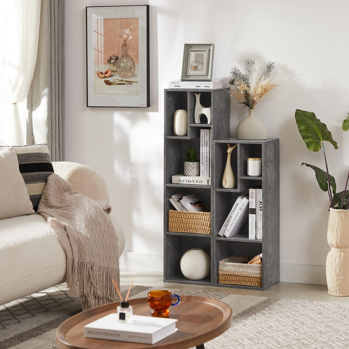 VECELO 4-Tier Bookcase, Modern Storage Cabinet with Height Difference Shelves for Standard Textbooks, 5 Cubes, Vertical or Horizontal, Easy Assembly, Grey VECELO