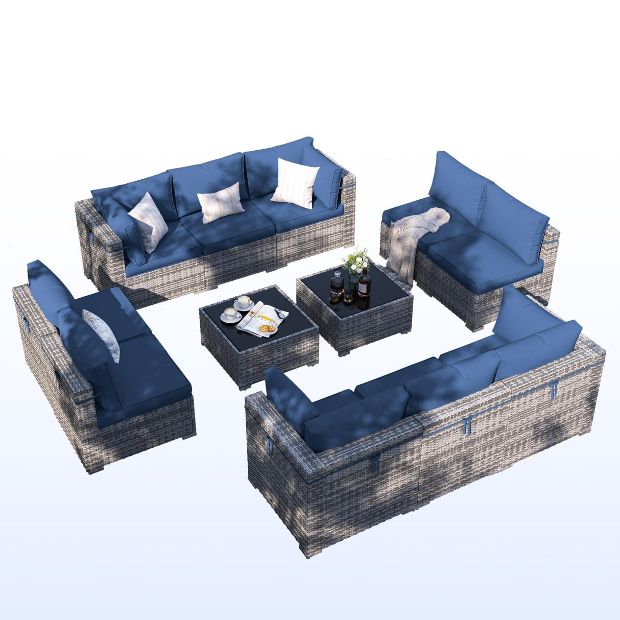 VONZOY Patio Furniture Set, 12-Piece Outdoor Sectional with Free Cover, All-Weather Wicker Patio Conversation Sets for Backyard (Grey with Navy Cushion) VONZOY