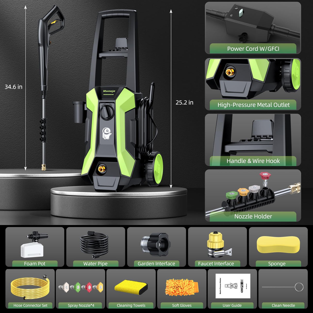 Electric Pressure Washer, 2600PSI Max 2.0 GPM Power Washer with 4 Nozzles, Foam Cannon & Spray Gun, IPX5 High Pressure Washer with 23FT Hose & 16.5FT Power Cord, for Floor/Cars/Fences/Patios Munoje