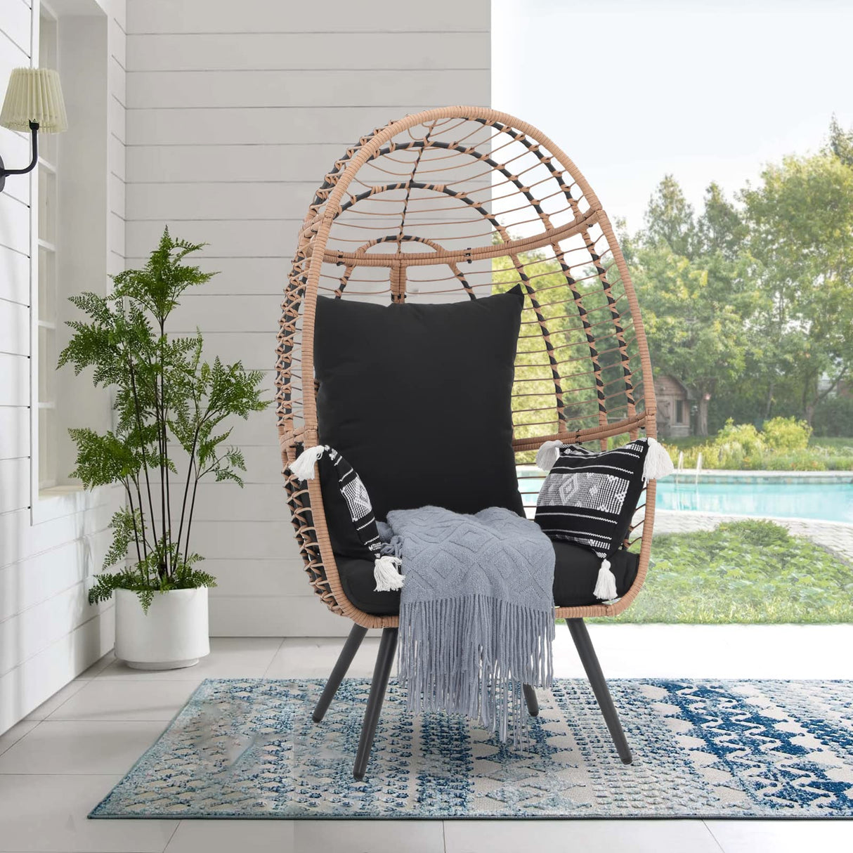 JOIVI Wicker Egg Chair, Outdoor Indoor Oversized Lounger Large Egg Basket Chair with Stand and Cushions for Patio Porch, Backyard, Living Room, Balcony (Beige Rattan, Black Cushion) JOIVI