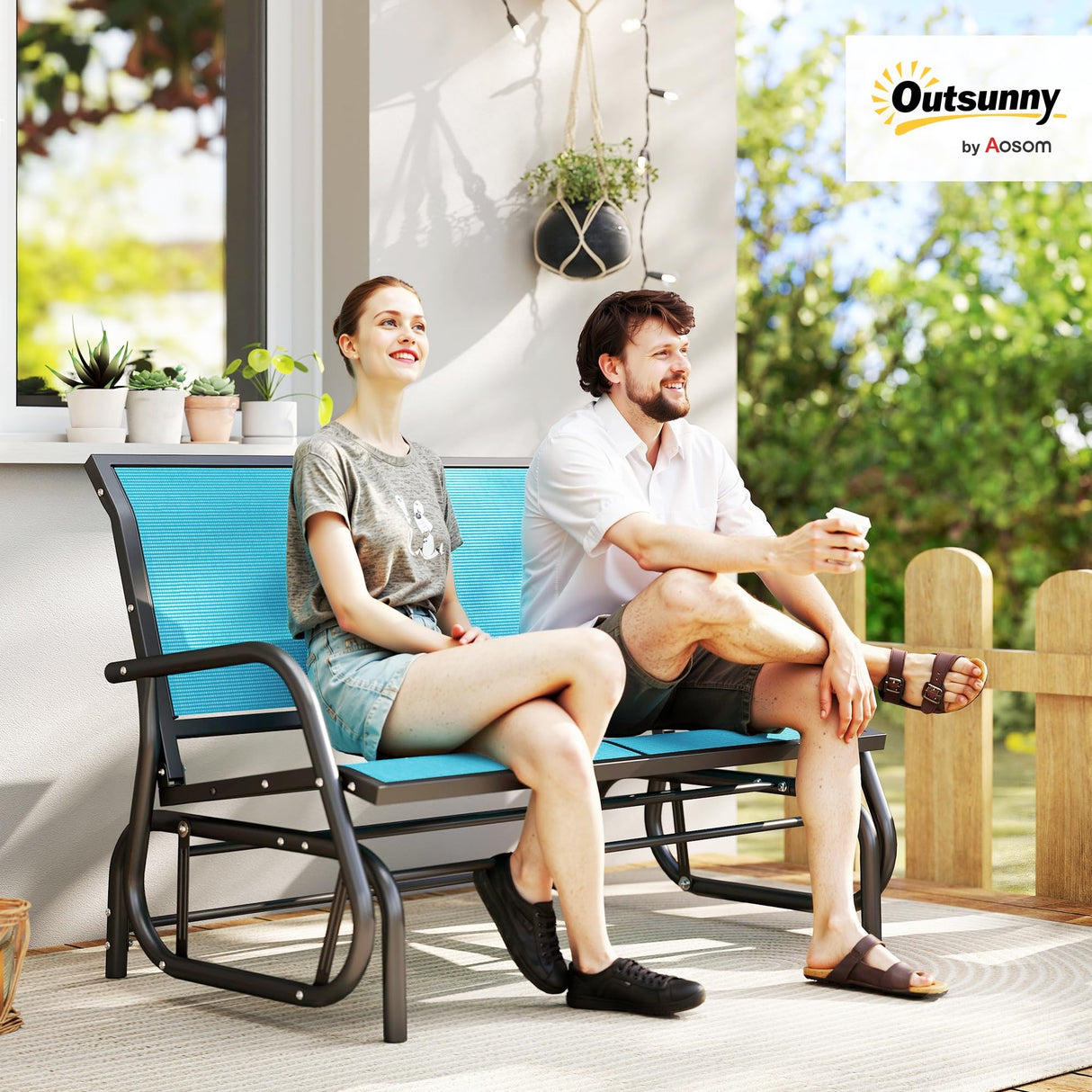 Outsunny 2-Person Outdoor Glider Bench, Patio Double Swing Rocking Chair Loveseat w/Powder Coated Steel Frame for Backyard Garden Porch, Blue Outsunny