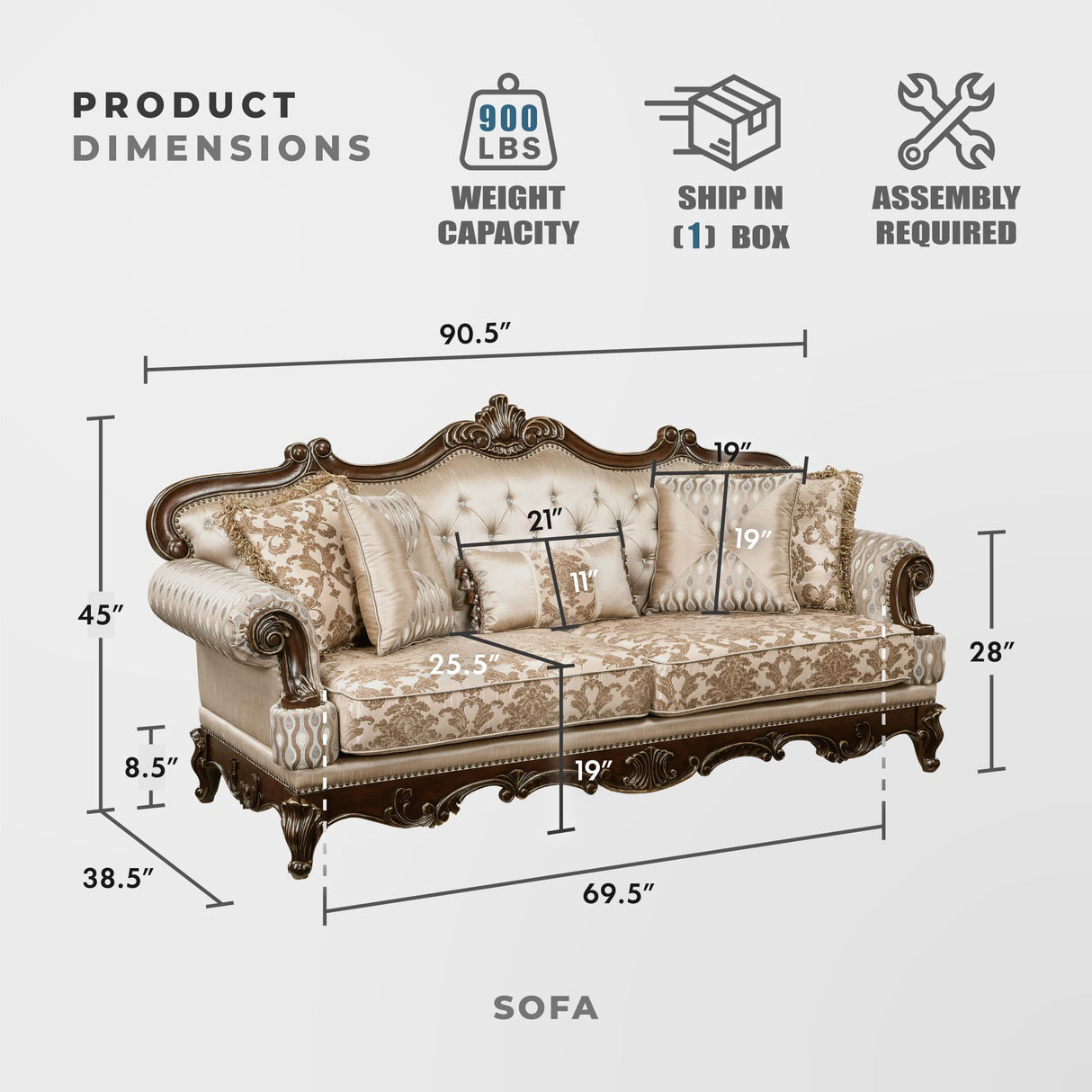 Lexicon Traditional Sofa Couch for Living Room, Rolled Arm Sofa with 5 Accent Pillows, Tufting, Queen Legs in Cherry Finish with Gold Tipping, Upholstered Living Room Furniture, 3 Seater Couch, Brown Lexicon