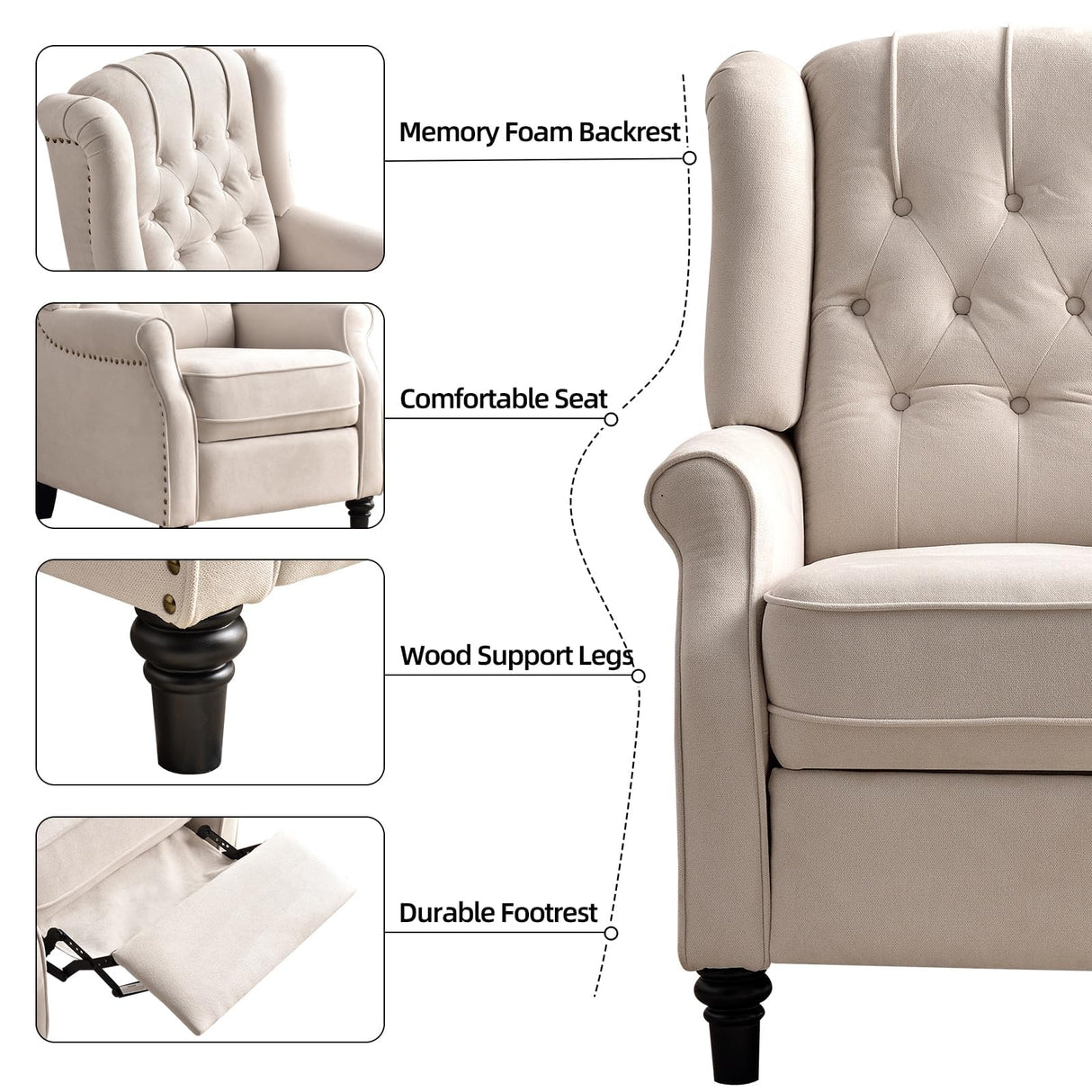 EBELLO Pushback Recliner Chair, Fabric Armchair Push Back Recliner with Rivet Decoration, Mid Century Wingback Accent Chair for Living Room, Bedroom, Beige EBELLO