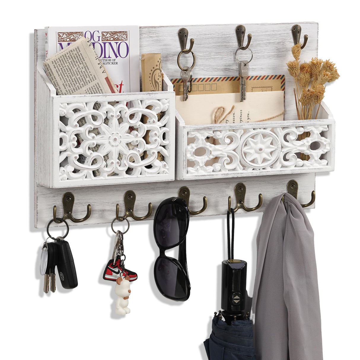 QILICHZ Key and Mail Holder for Wall,Decorative Key Holder Wall Mount,Wood Key Holder for Wall,Farmhouse Mail Key Organizer 13 Key Hooks,Rustic Key Hanger Wall Mount for Mail Envelope Letter Key,White QILICHZ