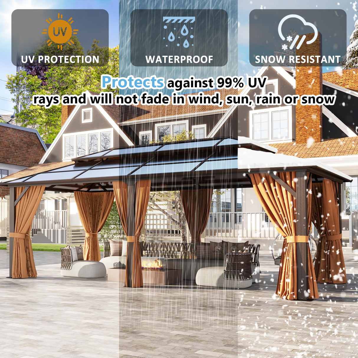 Aoxun 12'x20' Hardtop Gazebo, Aluminum Frame Permanent Pavilion with Curtains and Netting, Outdoor Polycarbonate Double Roof Canopy, Designed for Garden, Lawns, Patio Aoxun