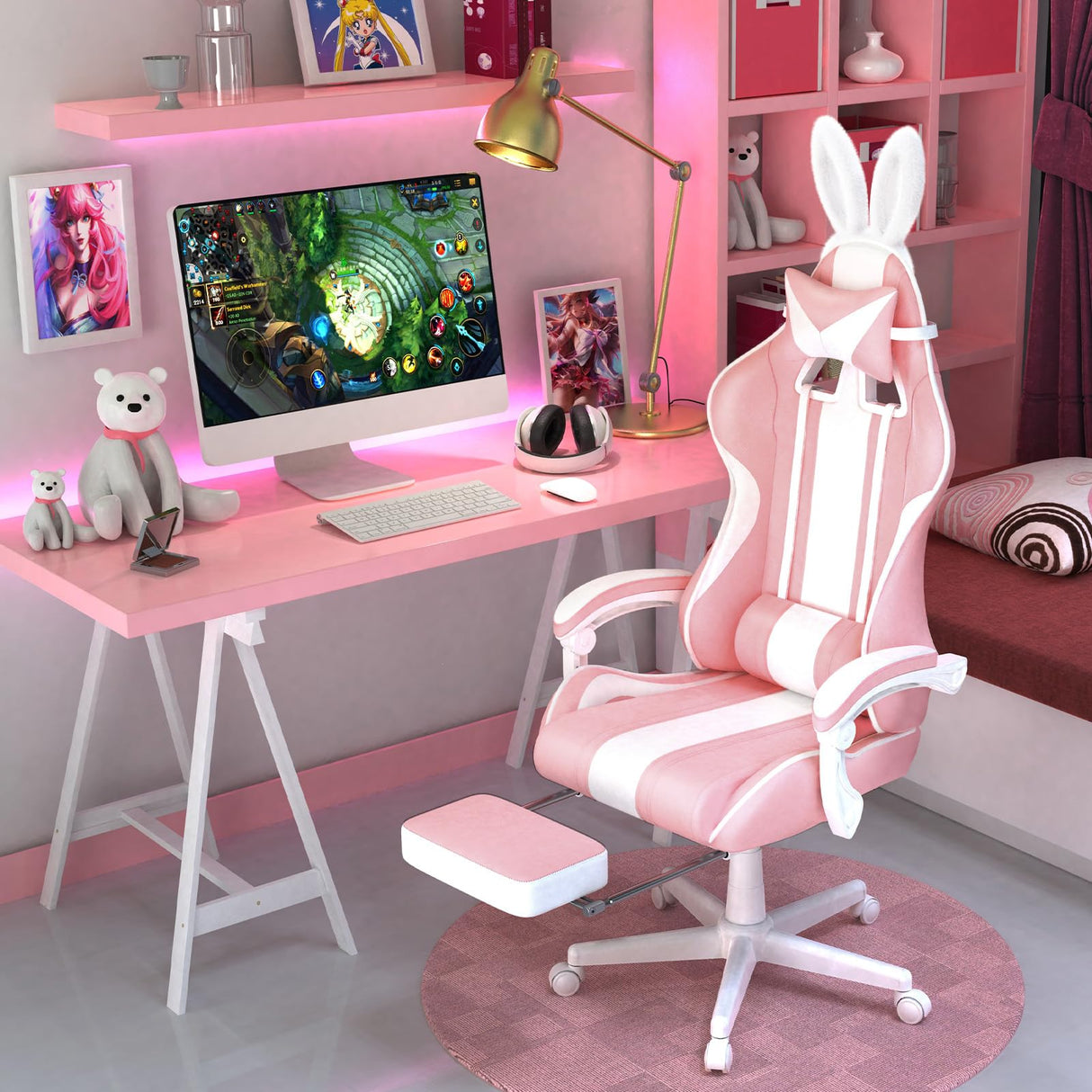 Ferghana Kawaii Pink Gaming Chair with Bunny Ears, Ergonomic Cute Gamer Chair with Footrest and Massage, Racing Reclining Leather Office Computer Game Chair 250lbs for Girls Adults Teens Kids Ferghana