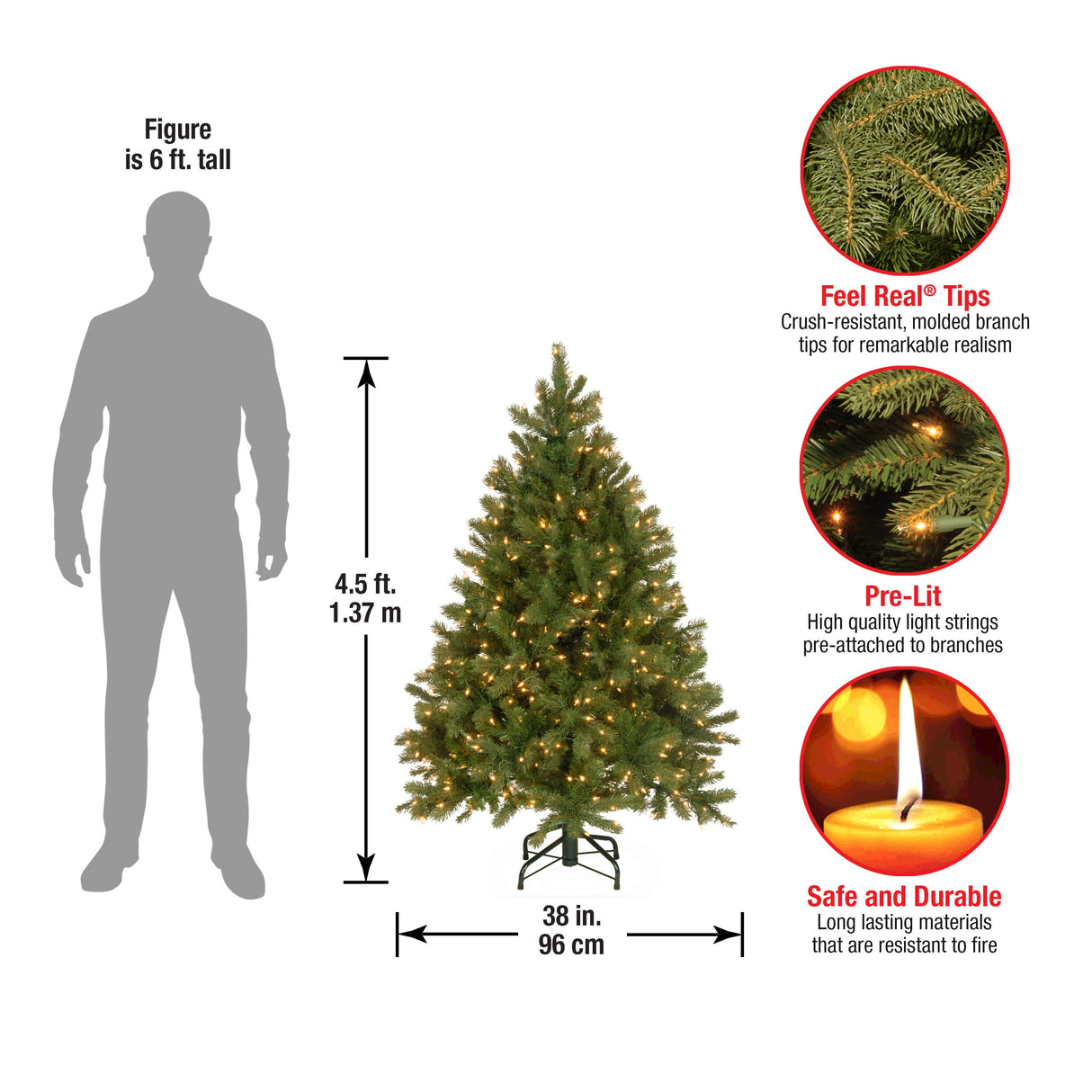National Tree Company Pre-Lit 'Feel Real' Artificial Full Downswept Christmas Tree, Green, Douglas Fir, White Lights, Includes Stand, 4.5 feet National Tree Company