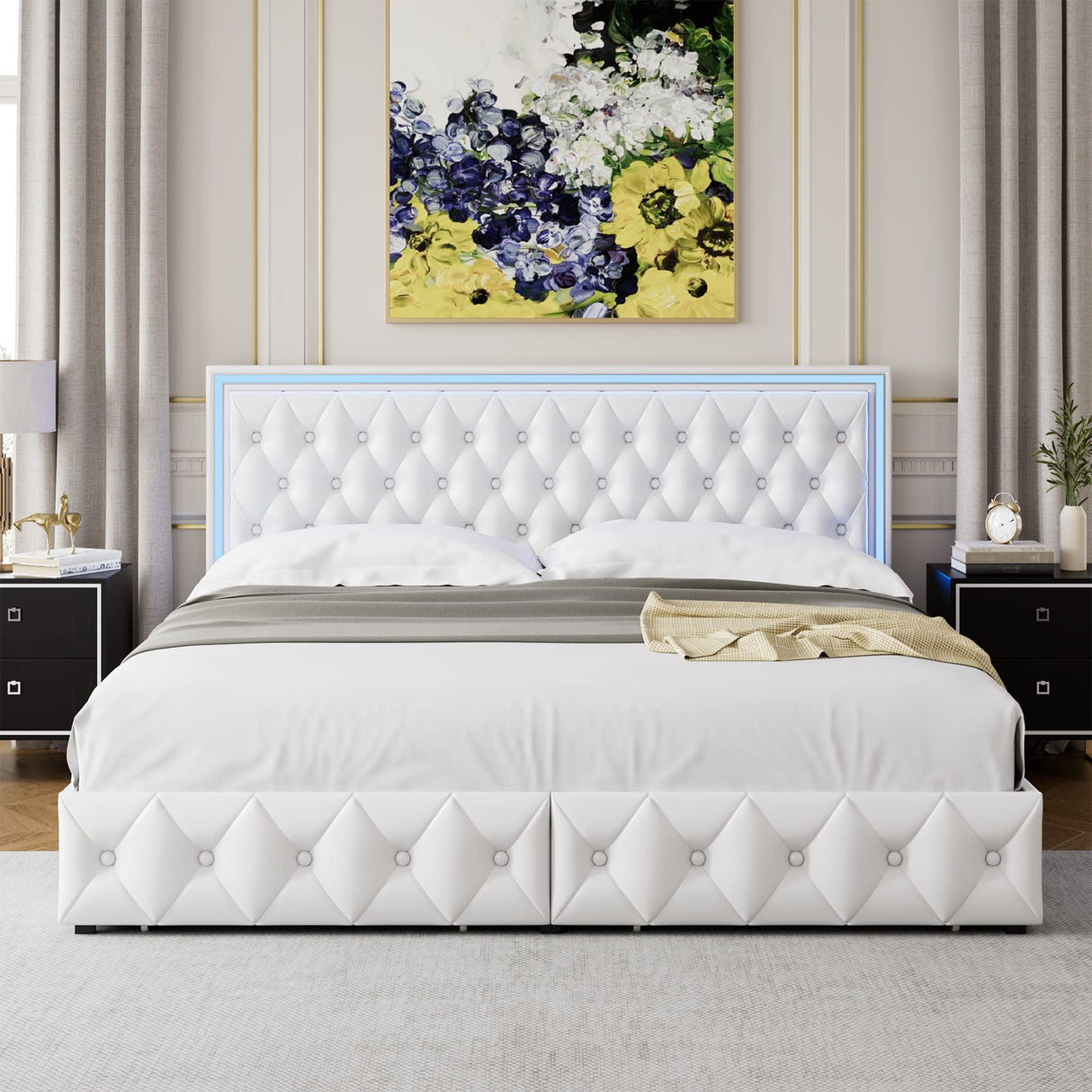 Keyluv Queen Upholstered LED Bed Frame with 4 Storage Drawers and Adjustable Tufted Headboard in White Keyluv