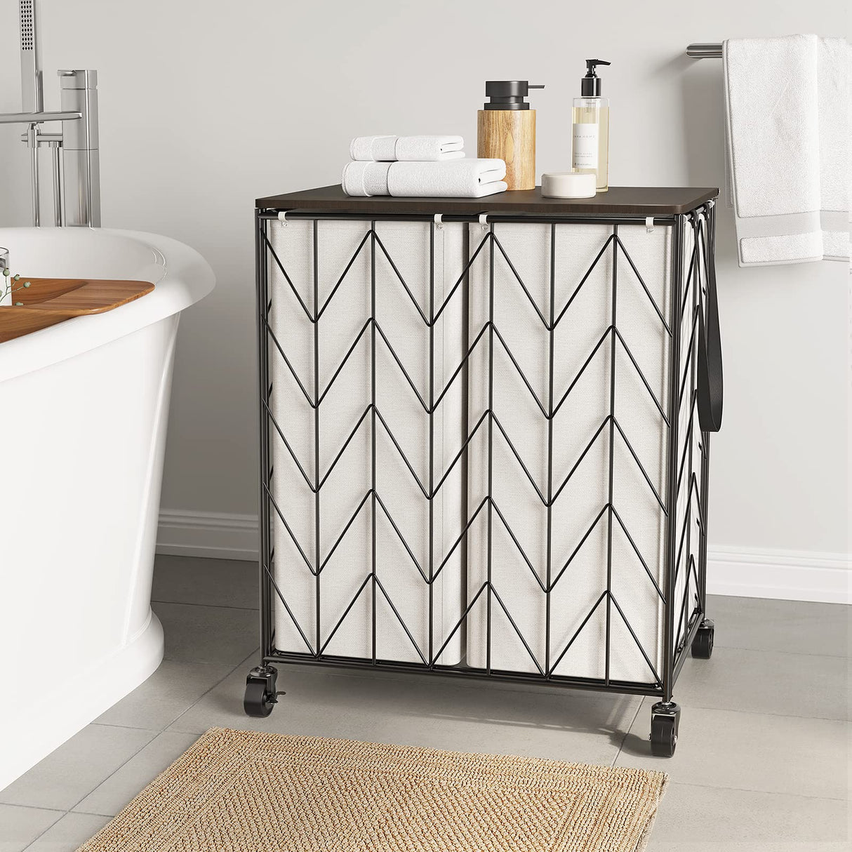 WOWLIVE Laundry Basket with Wheels, Heavy Duty Laundry Hamper with Wood Lid, Clothes Hamper with Divided Removable Liner Bag, Large Capacity Iron-Made Laundry Sorter Laundry Room Organization (Beige) WOWLIVE