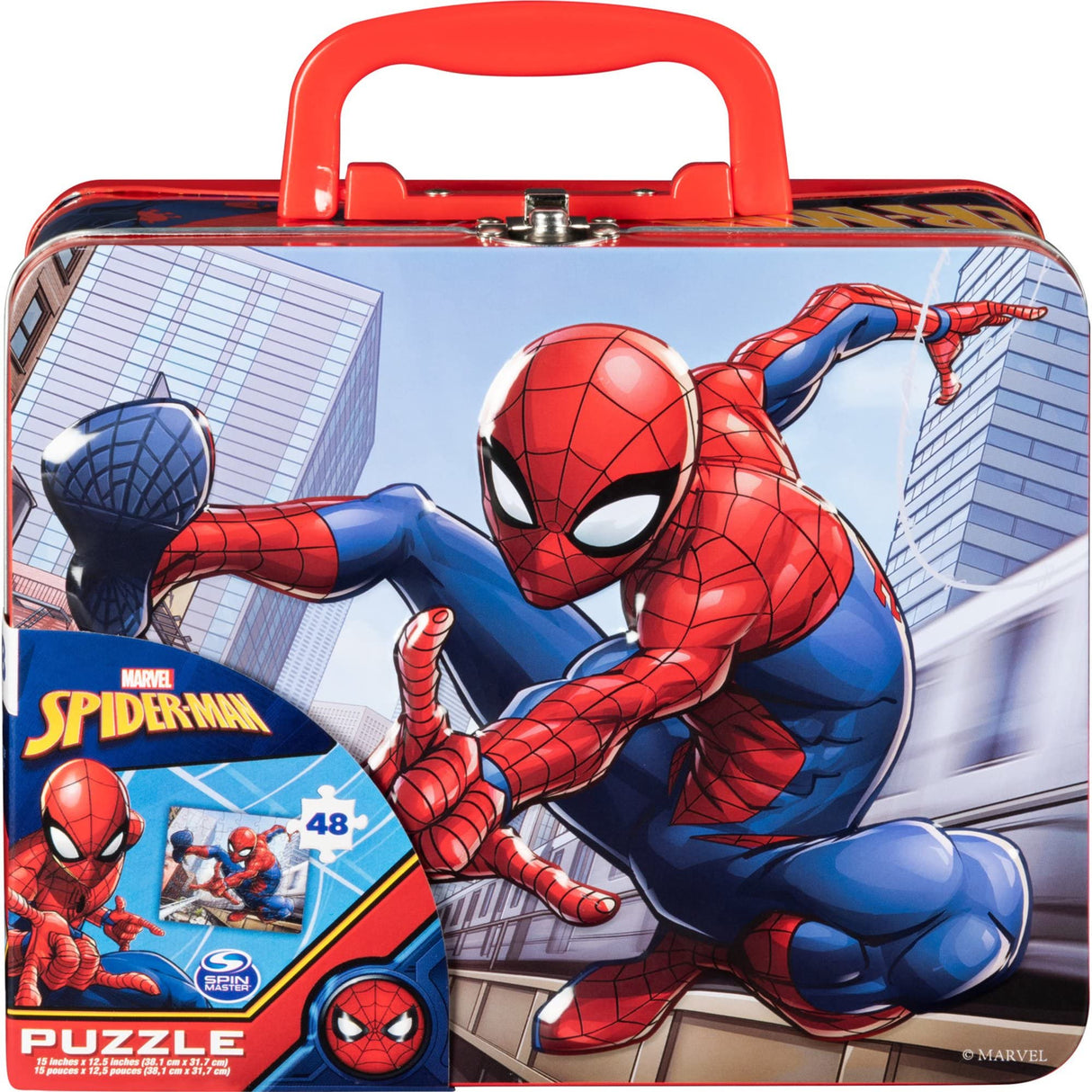 Marvel Spiderman 48 Piece Puzzle in Tin Lunchbox, Red, Blue, White Marvel