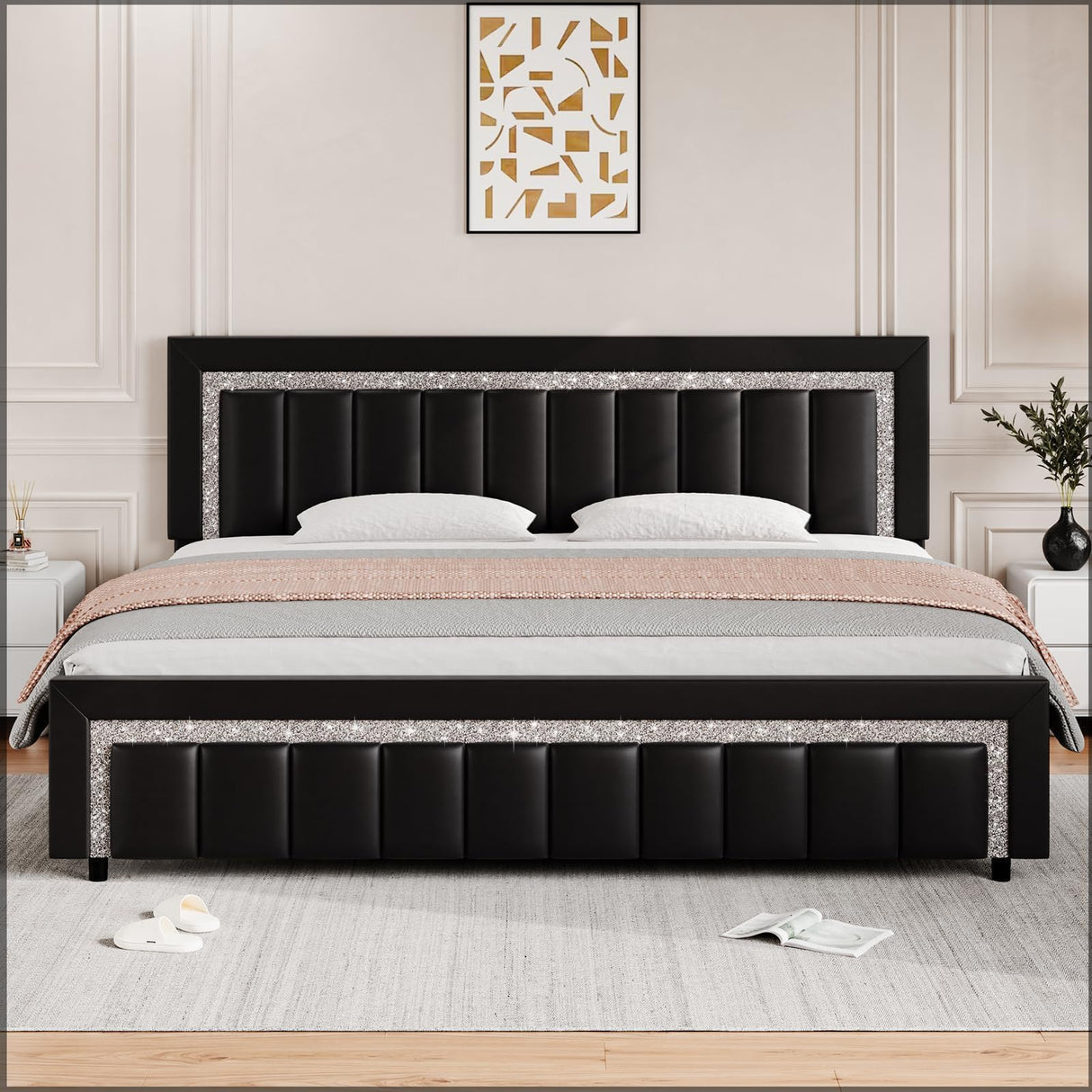 HOMBCK King Size Bed Frame, Black King Size Bed Frame with Diamond Headboard and Footboard, Velvet Upholstered Bed Frame with Vertical Channel Design, No Box Spring Needed, Easy Assembly, Black HOMBCK