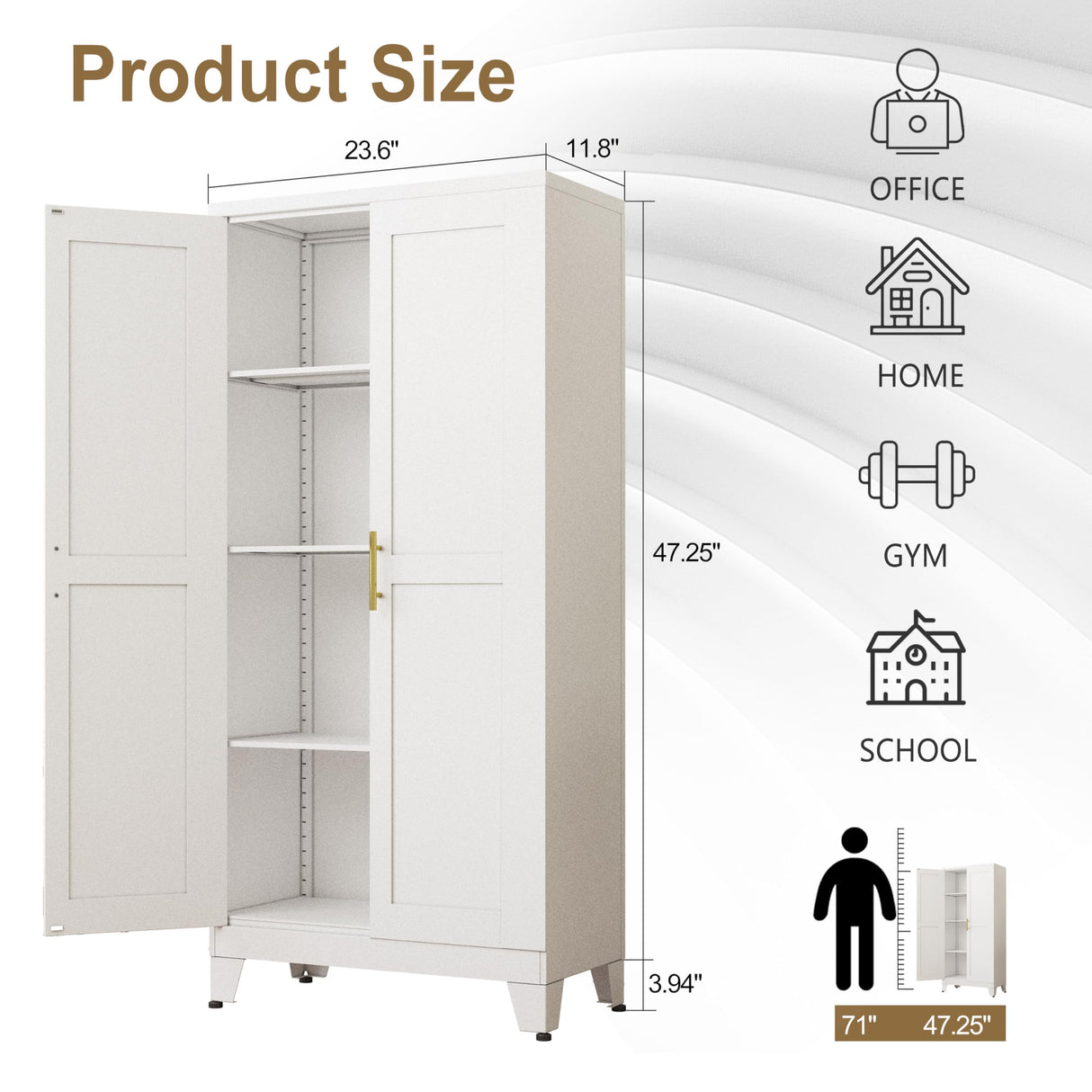 pozdeg White Metal Storage Cabinet, 47.25" H Steel Kitchen Pantry Cabinet with 2 Doors and 3 Adjustable Shelves, Versatile Sideboard Buffet Cabient for Home Office Warehouse Garage or Outdoor pozdeg