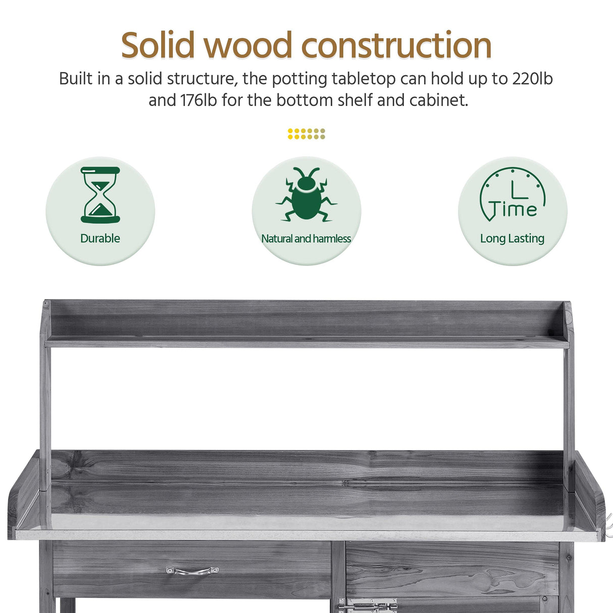 Topeakmart Garden Potting Bench Wooden Workstation Outdoor Wooden Potting Table W/Top Shelf & Lower Shelf & Cabinet Drawer & Open Shelf Gray Topeakmart