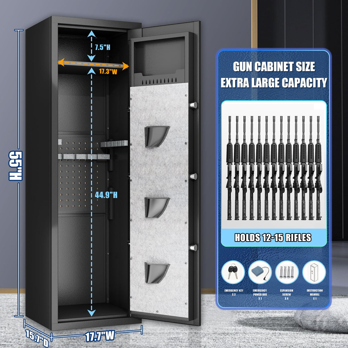 PRESTELION 10-15 Gun Safe,Quick Access Safes for Shotguns,Cabinets with Adjustable Rack,Long Gun Cabinets with Fingerprint/Digital Keypad/Removable Shelf for Rifles Safes PRESTELION