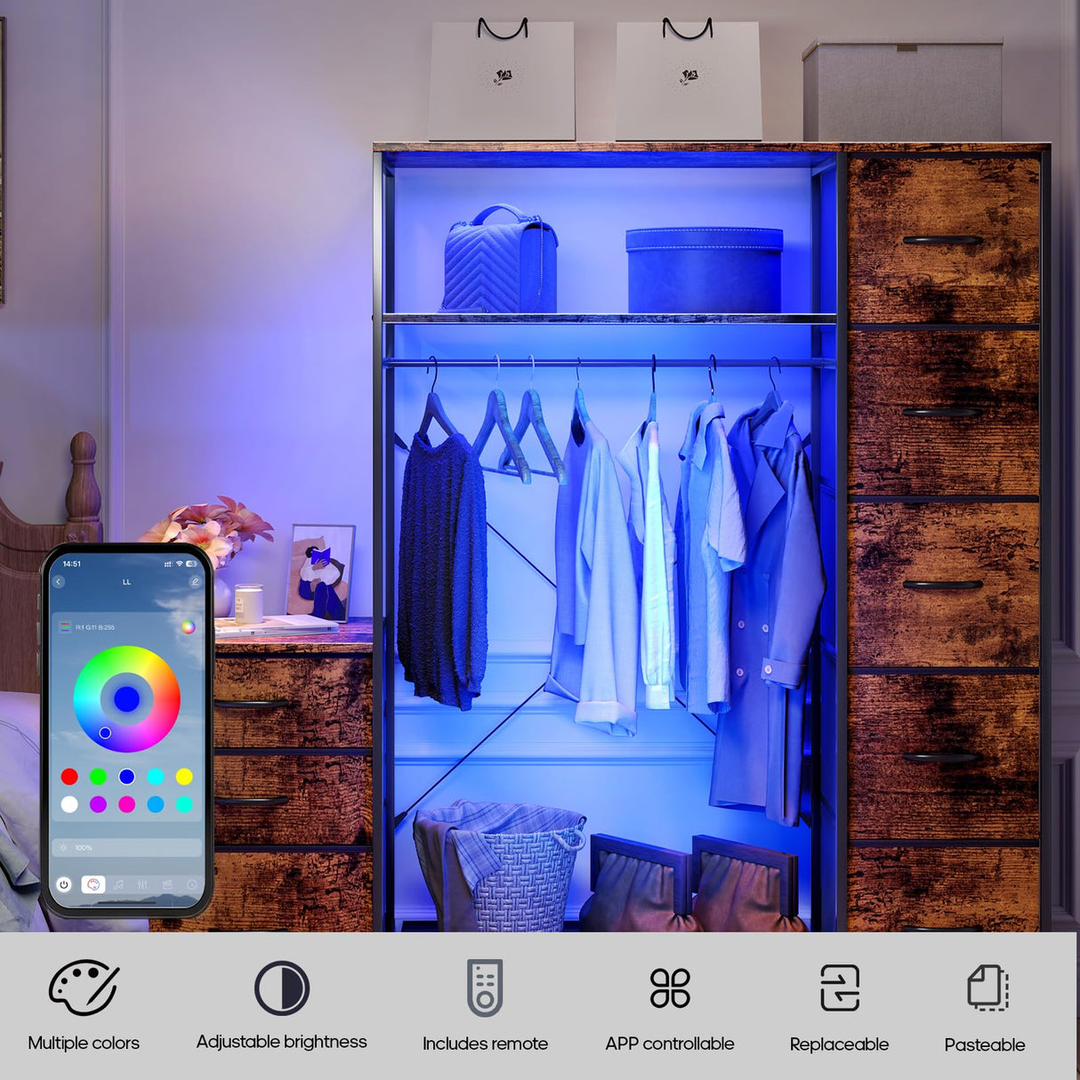 Famovoneer Garment Rack with Drawers & LED Light,Clothing Rack with Shelves,Tall Dresser with Hanging Rack for Apartment, Laundry Room, Bedroom Famovoneer