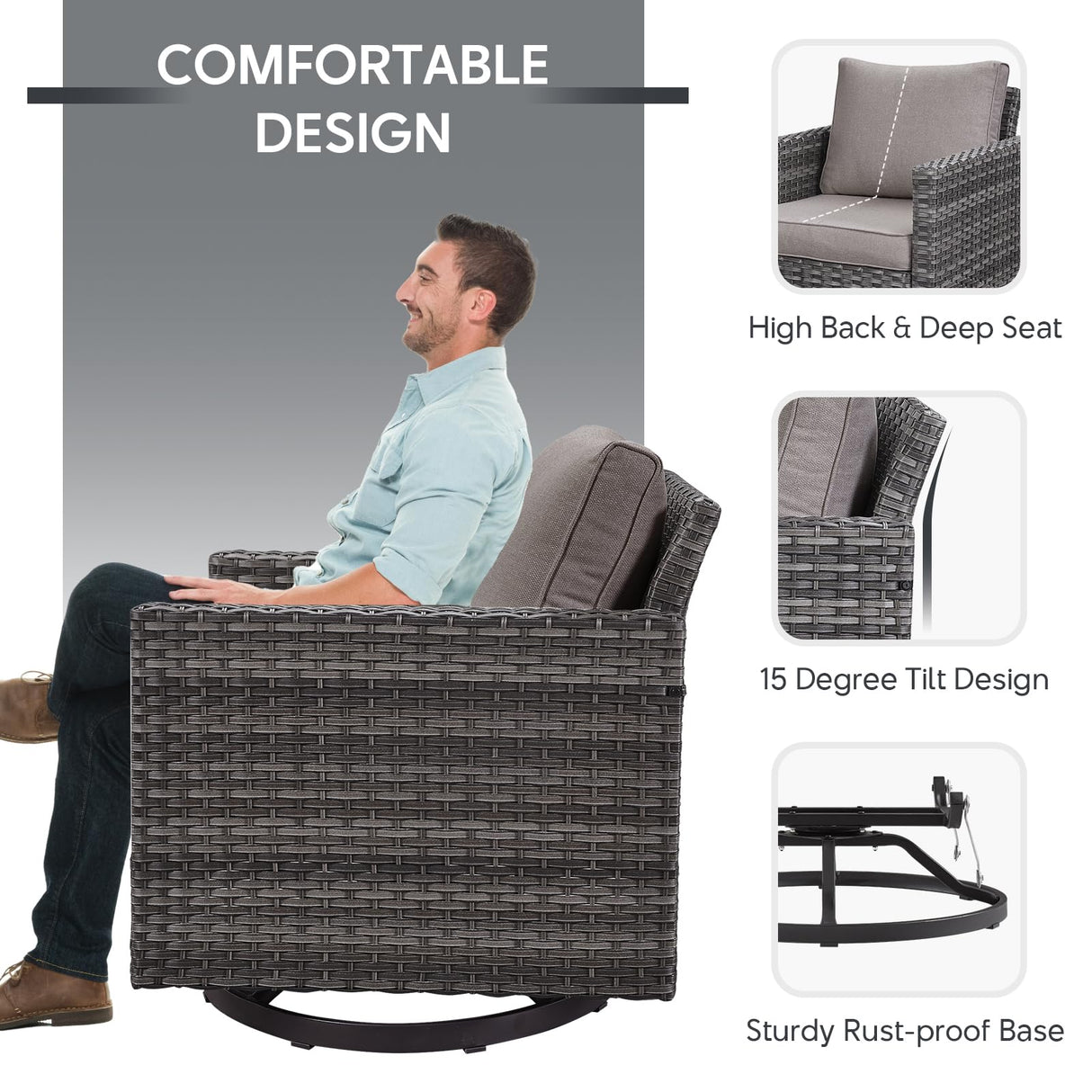 Belord Outdoor Sectional Furniture with Swivel Rocker Chair, 10 Pieces Wicker Patio Furniture Sets with Ottoman L Shaped Sofa Coffee Table Grey Cushion Belord