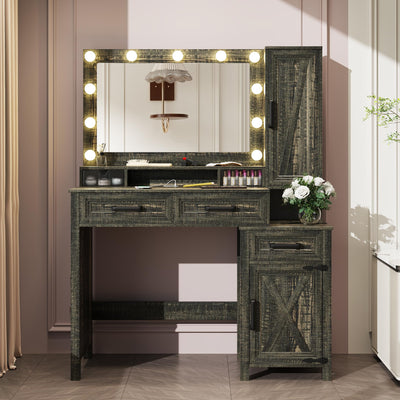 ChicFurnit Makeup Vanity, Vanity Desk with Square Mirror,Tricolor Lighting Adjustment & Built-in Charging Station, Farmhouse Vanity with 2 Drawers, Side Cabinet & Open Storage Space, Vintage Brown