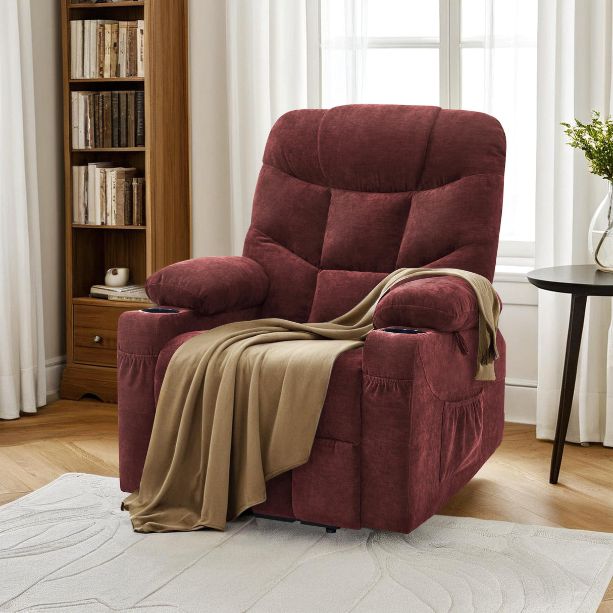 MCombo Power Lift Recliner Chair with Extended Footrest for Elderly People, Fabric 7287 (Burgundy, Medium) MCombo