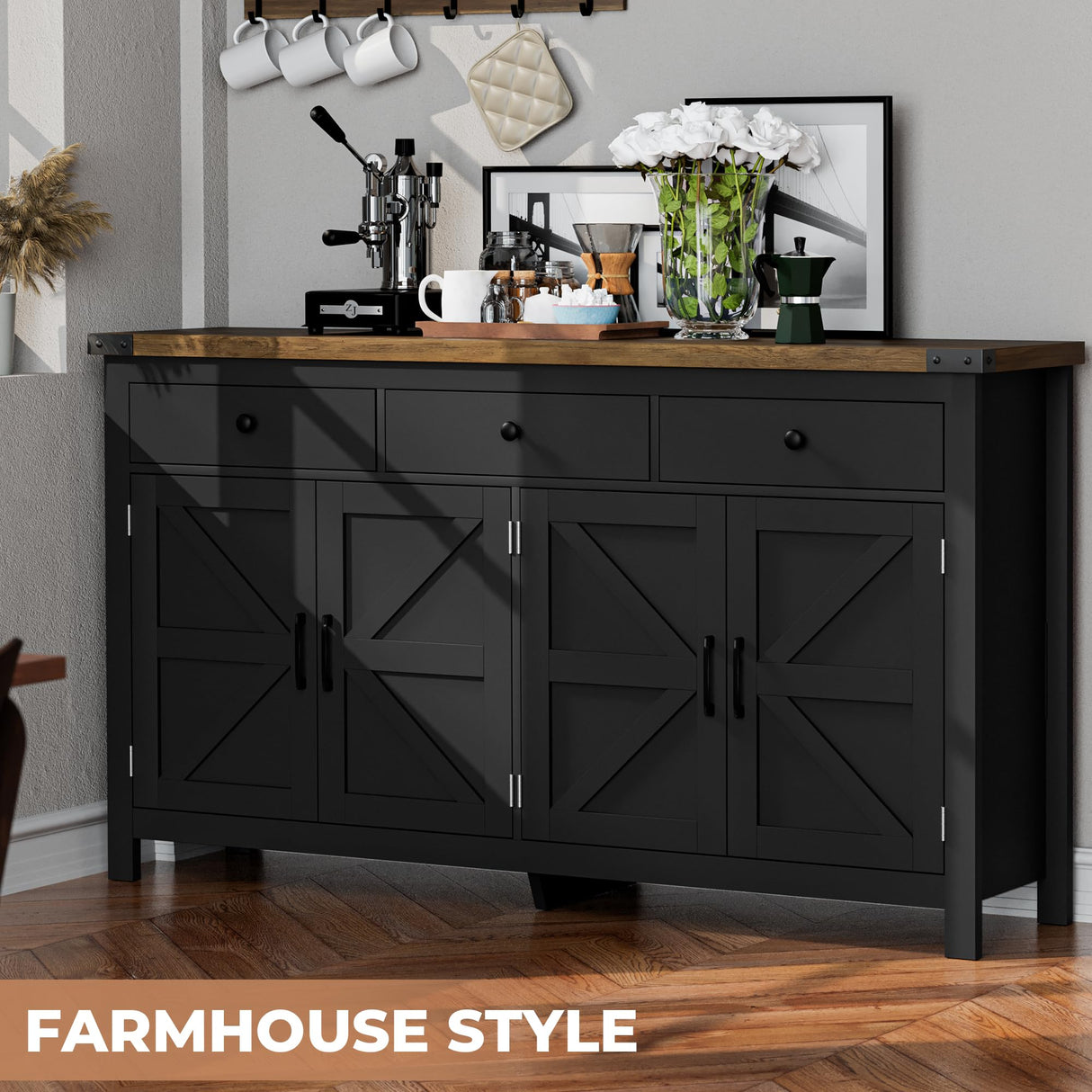 VVFLU 63" Sideboard Buffet Cabinet with Storage, Coffee Bar with 3 Drawers and 4 Barn Doors, Long Wider Storage Cabinet Modern Farmhouse, Black Wood, for Kitchen, Dining Room, Living Room VVFLU