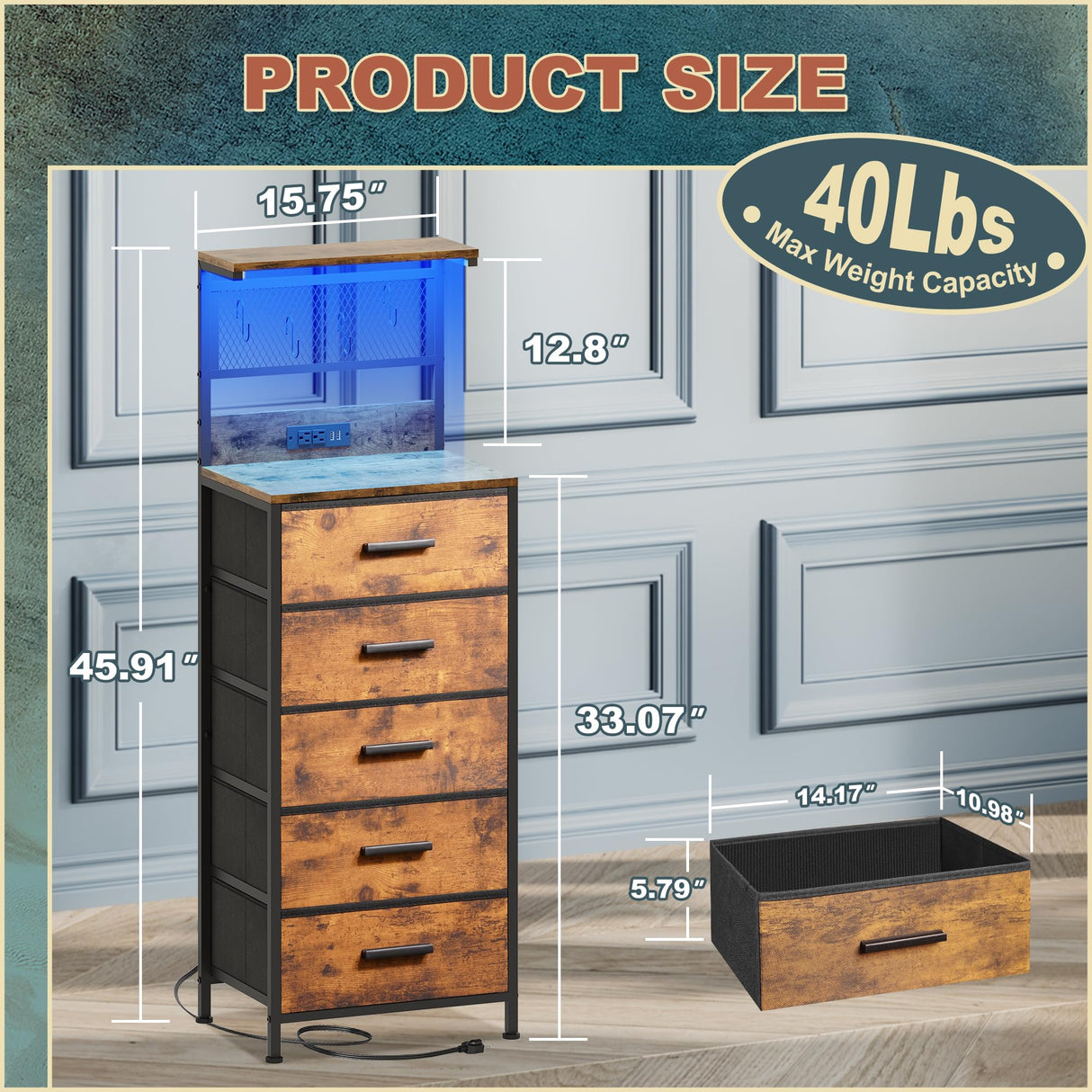 EKNKOZY Nightstand 5 Drawer Dresser with LED Lights, Charging Station, Metal Mesh Shelf with Hooks, Vertical Side Table with Fabric Drawers, End Table, Tall Dresser for Bedroom, Entryway, Rustic Brown EKNKOZY