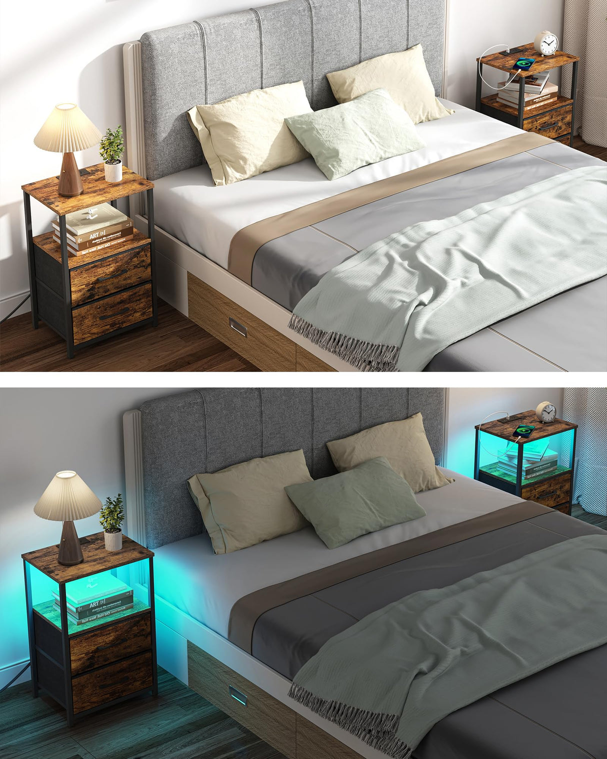 TUTOTAK LED End Table with Charging Station, Nightstand with Cloth Drawer, Side Table with 1 USB Port and 1 Type-C Port, Set of 2, Couch Table, Brown TB01BB052L TUTOTAK