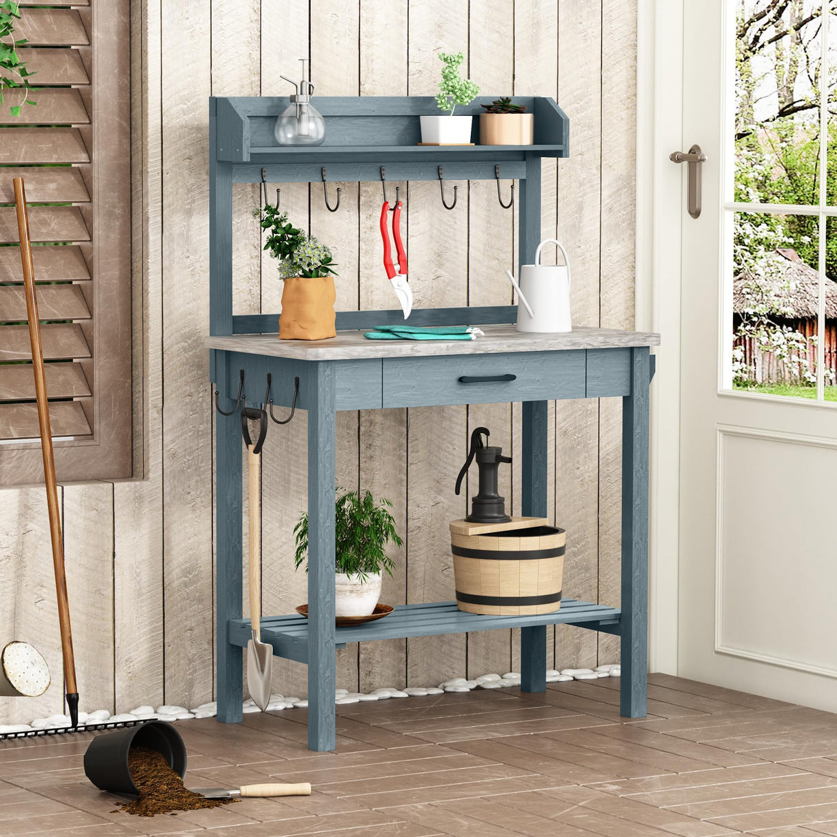 HOLTICO Outdoor Potting Bench Table with Metal Tabletop, Planting Table Potting Work Station with Storage Drawer and Removable Shelf Rack, Garden Potting Table for Outdoors HOLTICO