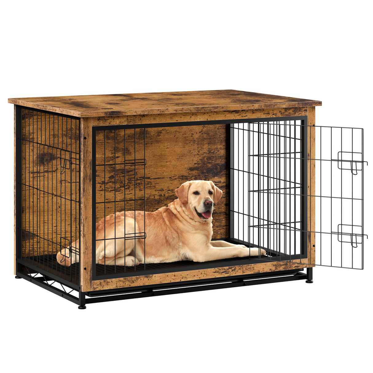Vongrasig Dog Crate Furniture, Side End Table, Modern Wooden Kennel for Dogs Indoor, Heavy-Duty Dog Cage with Multi-Purpose Removable Tray, Double-Door Dog House, Rustic Brown Vongrasig
