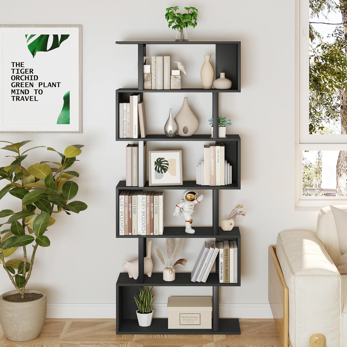Yusong S Shaped Bookshelf, Modern Geometric Bookcase, 6-Tier Black Display Case Book Shelf Yusong