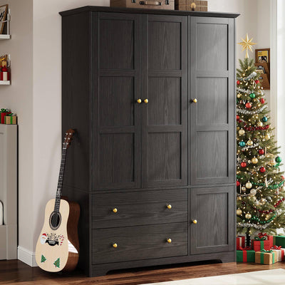 ONBRILL 3 Doors Wooden Wardrobe Closet Armoire with Pull Out Pants Rack, Bedroom Large Capacity Armoire with Drawers and Shelves, Storage Cabinet for Hanging Clothes, Black
